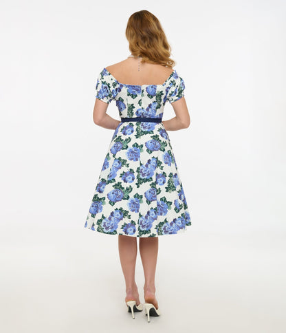 Unique Vintage 1960s Blue Winter Floral Ohara Swing Dress - Unique Vintage - Womens, DRESSES, SWING