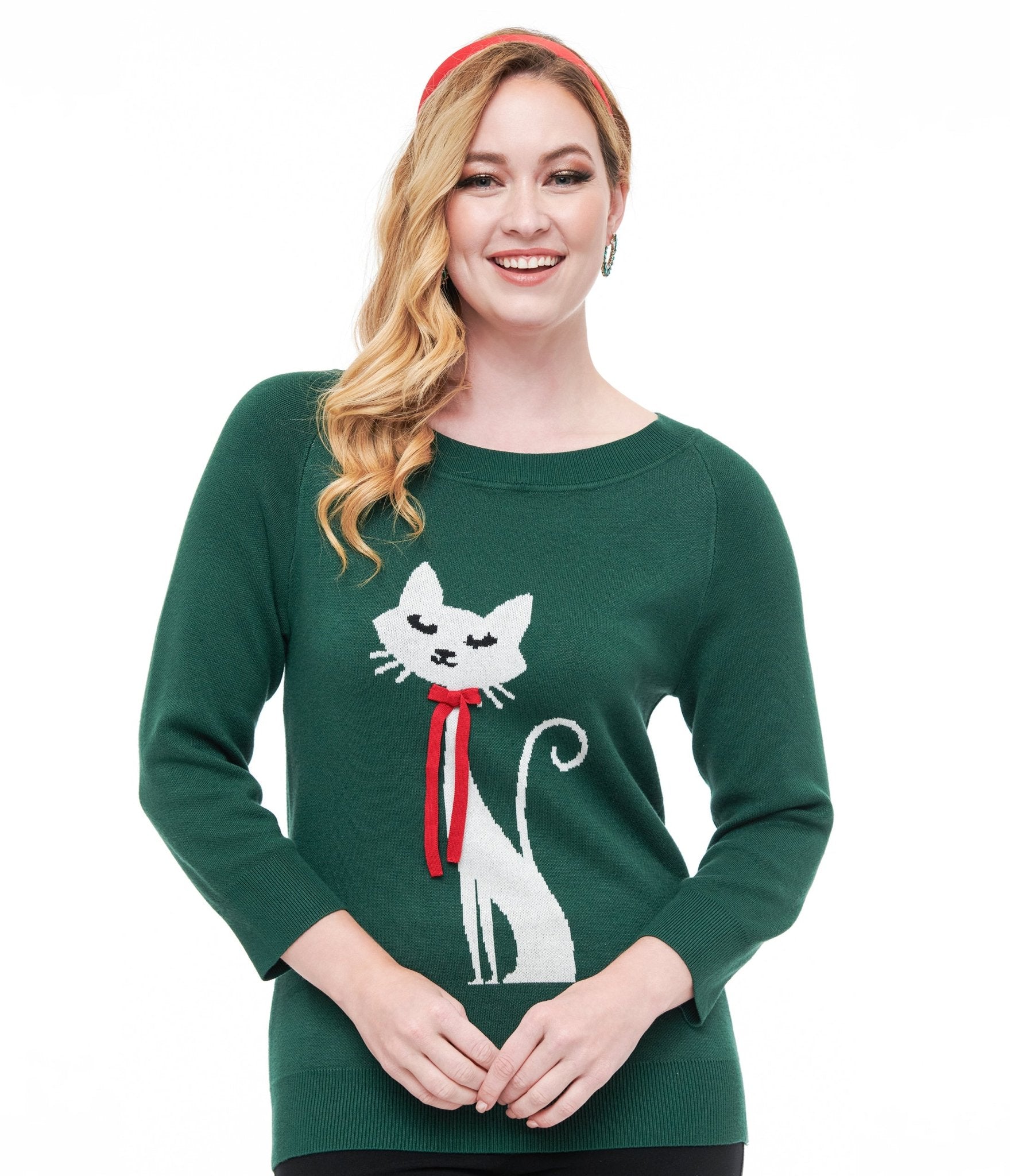 Unique Vintage 1960s Forest Green & Cream Cat Lorelai Sweater - Unique Vintage - Womens, TOPS, SWEATERS