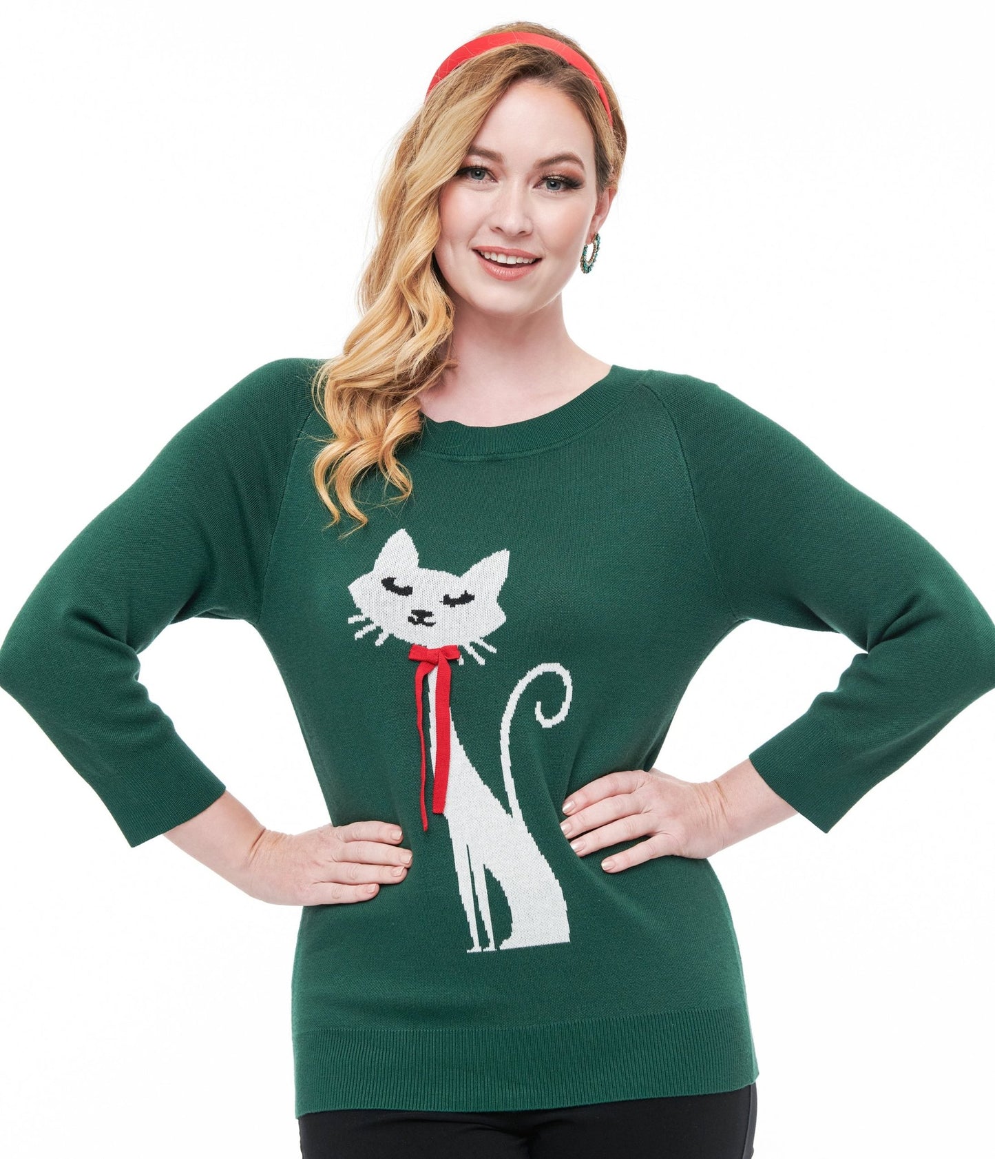 Unique Vintage 1960s Forest Green & Cream Cat Lorelai Sweater - Unique Vintage - Womens, TOPS, SWEATERS