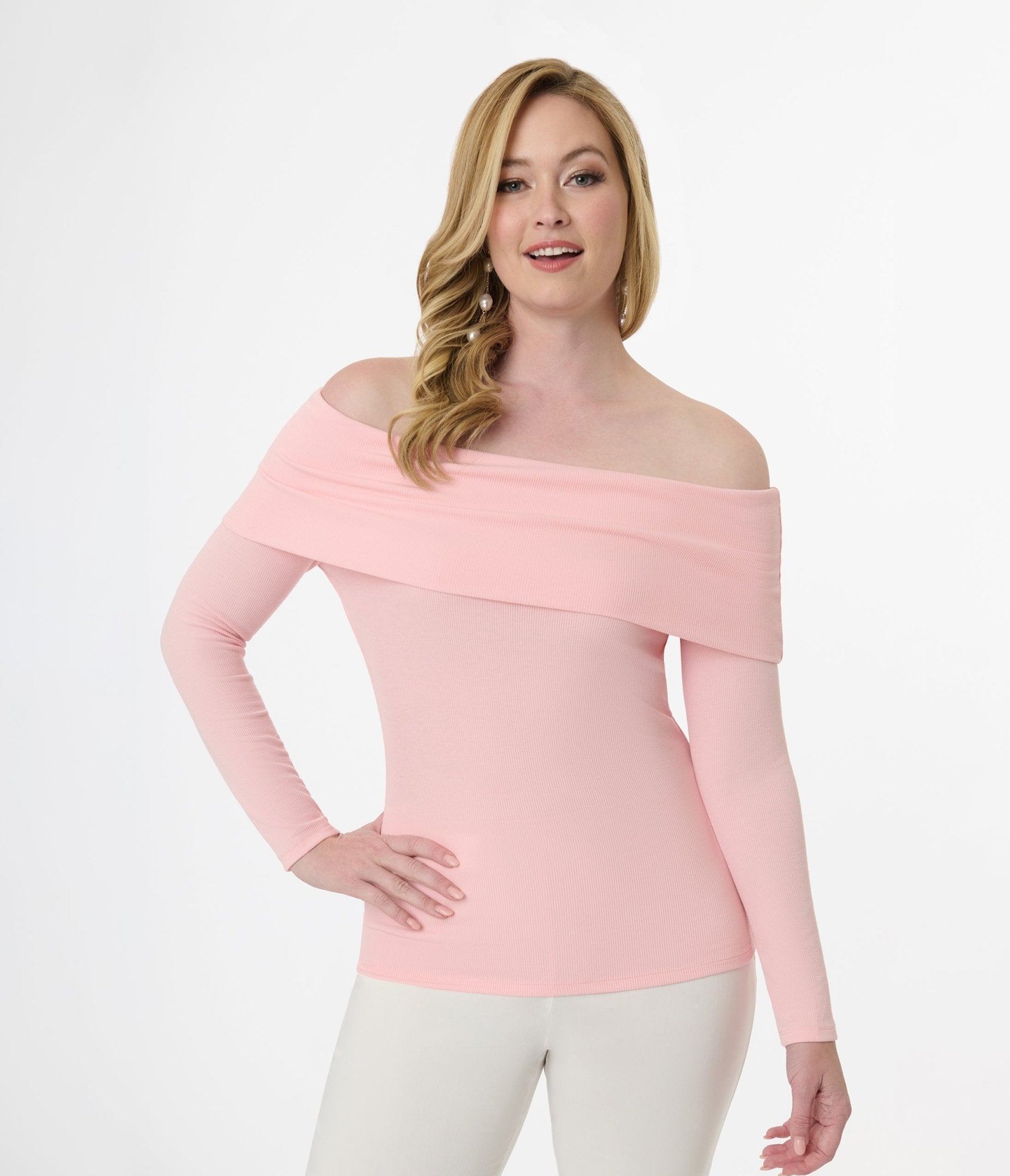 Unique Vintage 1960s Light Pink Folded Shoulder Knit Top - Unique Vintage - Womens, TOPS, KNIT TOPS