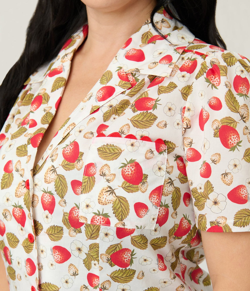 Unique Vintage 1960s Strawberry Print Cotton Blouse - Unique Vintage - Womens, TOPS, WOVEN TOPS