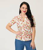 Unique Vintage 1960s Strawberry Print Cotton Blouse - Unique Vintage - Womens, TOPS, WOVEN TOPS