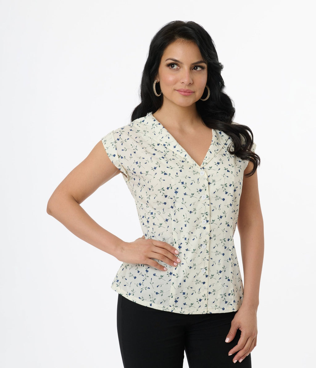 Unique Vintage 1960s White & Ditzy Blue Floral Cotton Sleeveless Blouse - Unique Vintage - Womens, TOPS, WOVEN TOPS