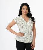 Unique Vintage 1960s White & Ditzy Blue Floral Cotton Sleeveless Blouse - Unique Vintage - Womens, TOPS, WOVEN TOPS