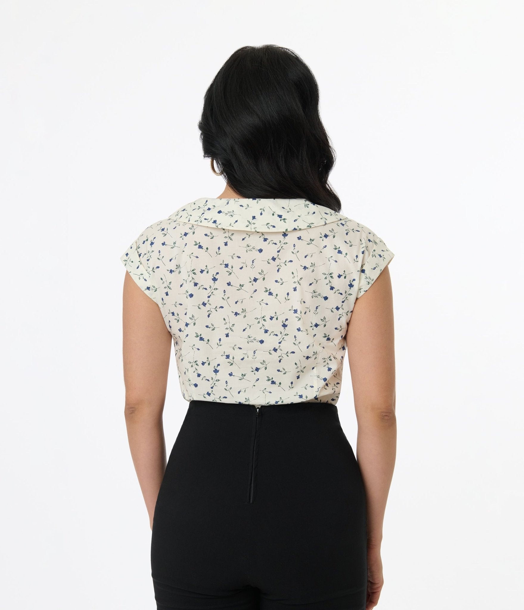 Unique Vintage 1960s White & Ditzy Blue Floral Cotton Sleeveless Blouse - Unique Vintage - Womens, TOPS, WOVEN TOPS