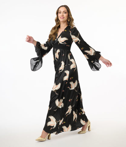 Unique Vintage 1970s Black Crane Print Maxi Dress - Unique Vintage - Womens, DRESSES, MAXI
