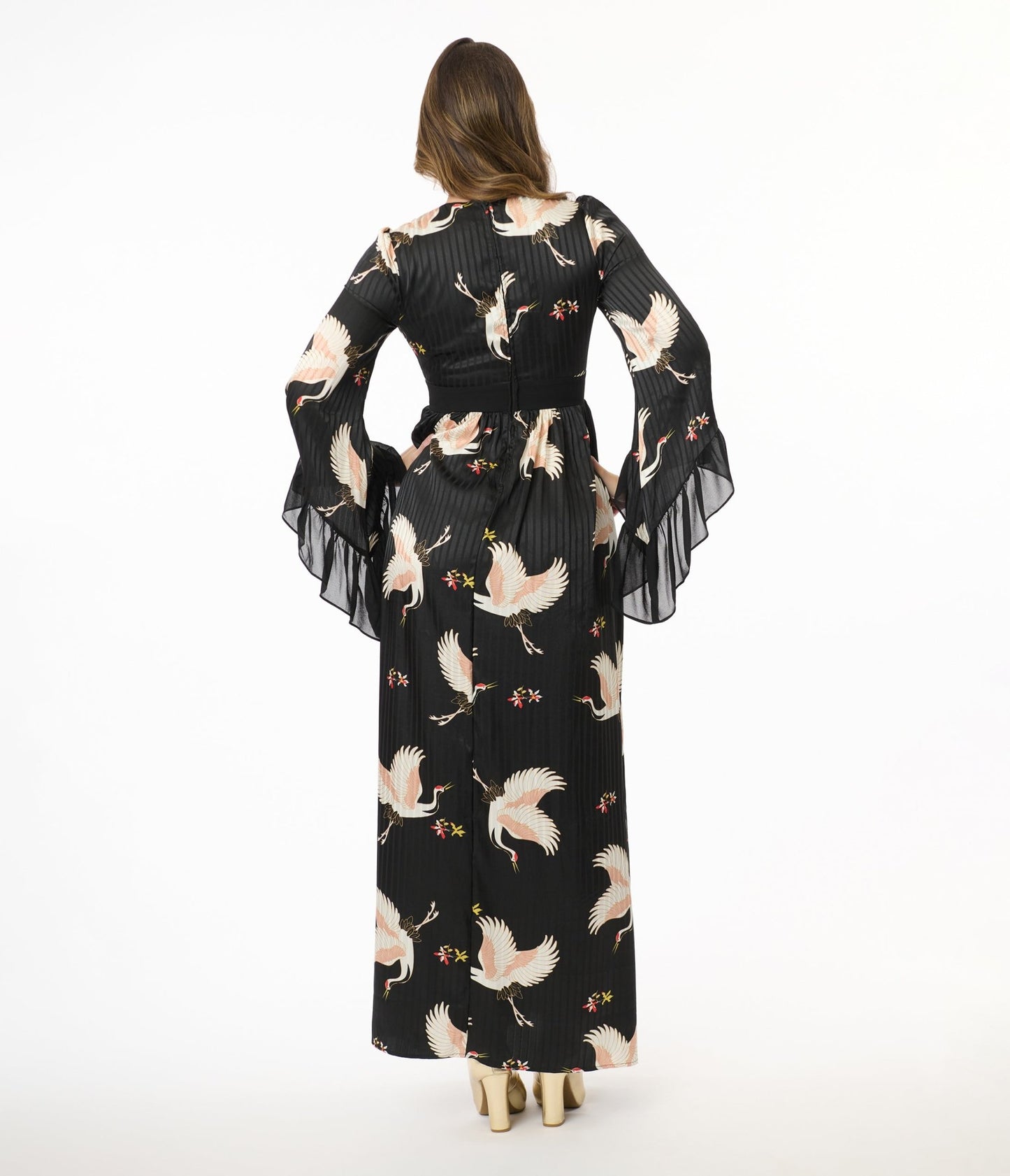 Unique Vintage 1970s Black Crane Print Maxi Dress - Unique Vintage - Womens, DRESSES, MAXI