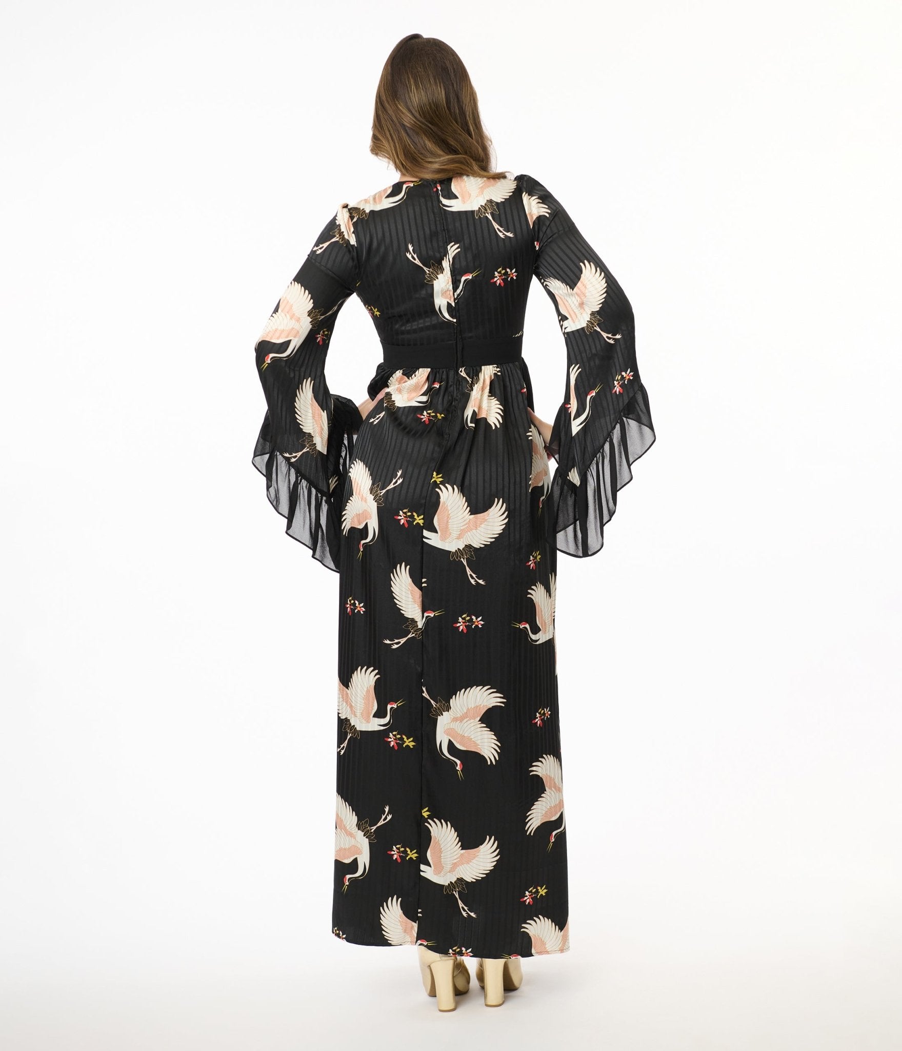 Unique Vintage 1970s Black Crane Print Maxi Dress - Unique Vintage - Womens, DRESSES, MAXI