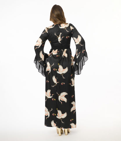 Unique Vintage 1970s Black Crane Print Maxi Dress - Unique Vintage - Womens, DRESSES, MAXI