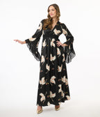Unique Vintage 1970s Black Crane Print Maxi Dress - Unique Vintage - Womens, DRESSES, MAXI