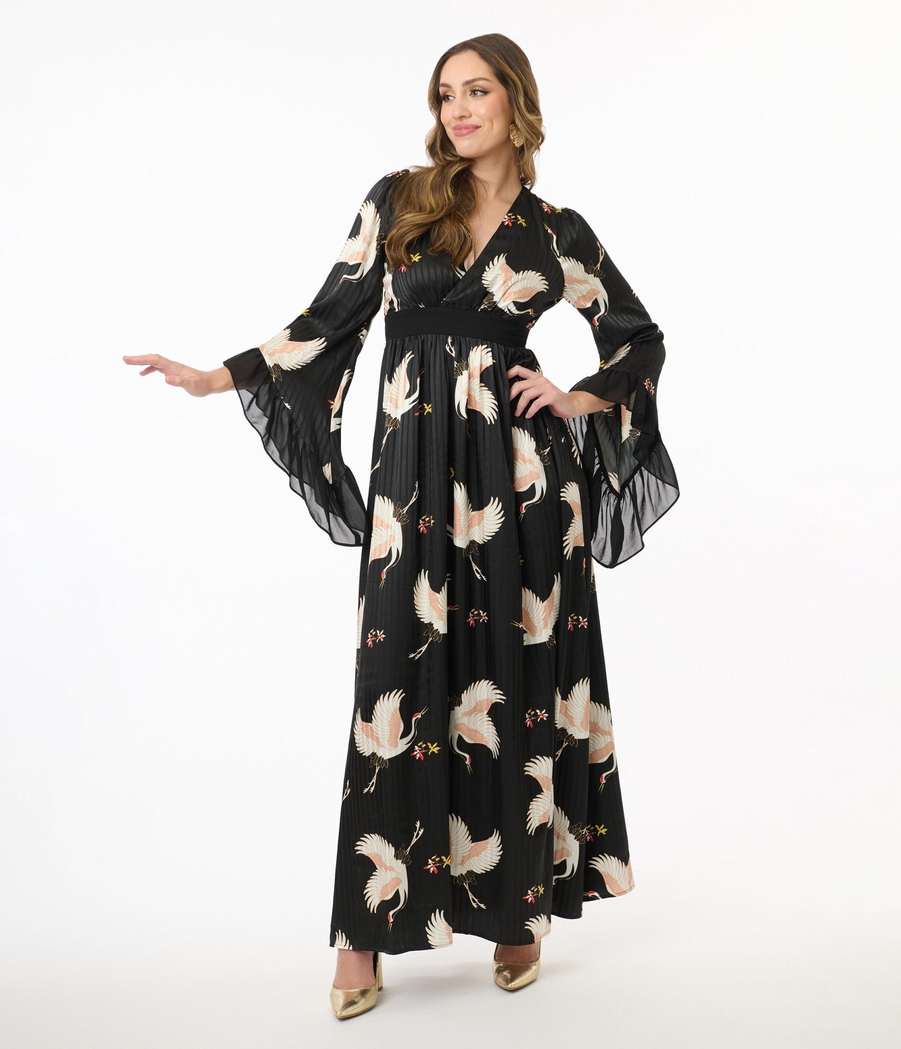 Unique Vintage 1970s Black Crane Print Maxi Dress - Unique Vintage - Womens, DRESSES, MAXI
