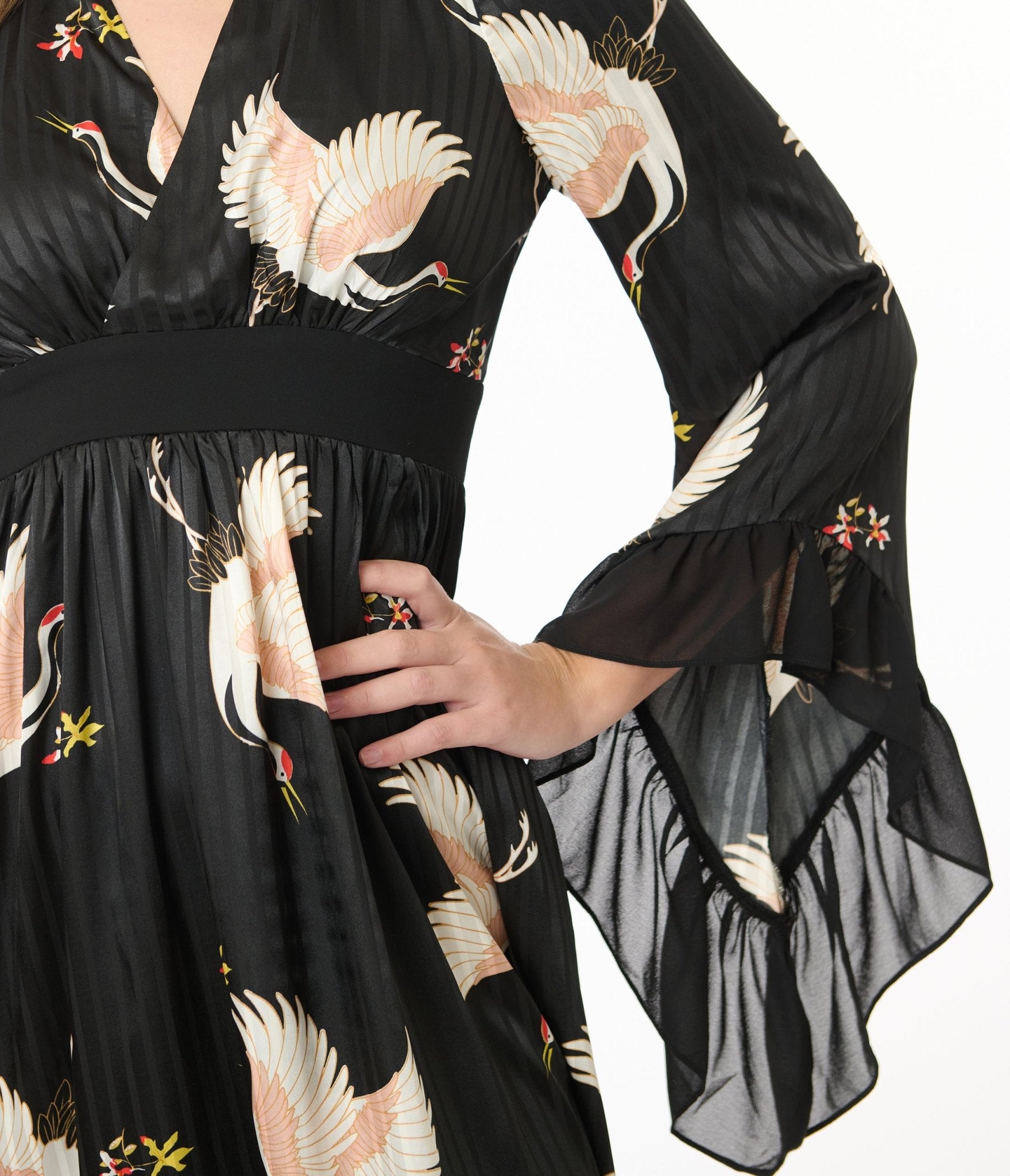 Unique Vintage 1970s Black Crane Print Maxi Dress - Unique Vintage - Womens, DRESSES, MAXI