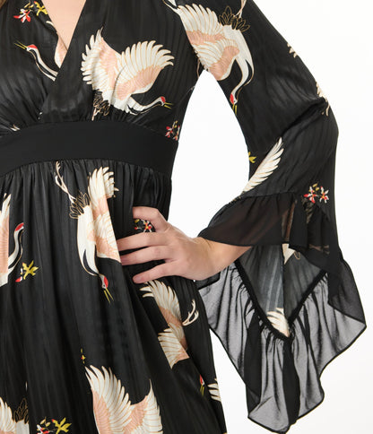 Unique Vintage 1970s Black Crane Print Maxi Dress - Unique Vintage - Womens, DRESSES, MAXI