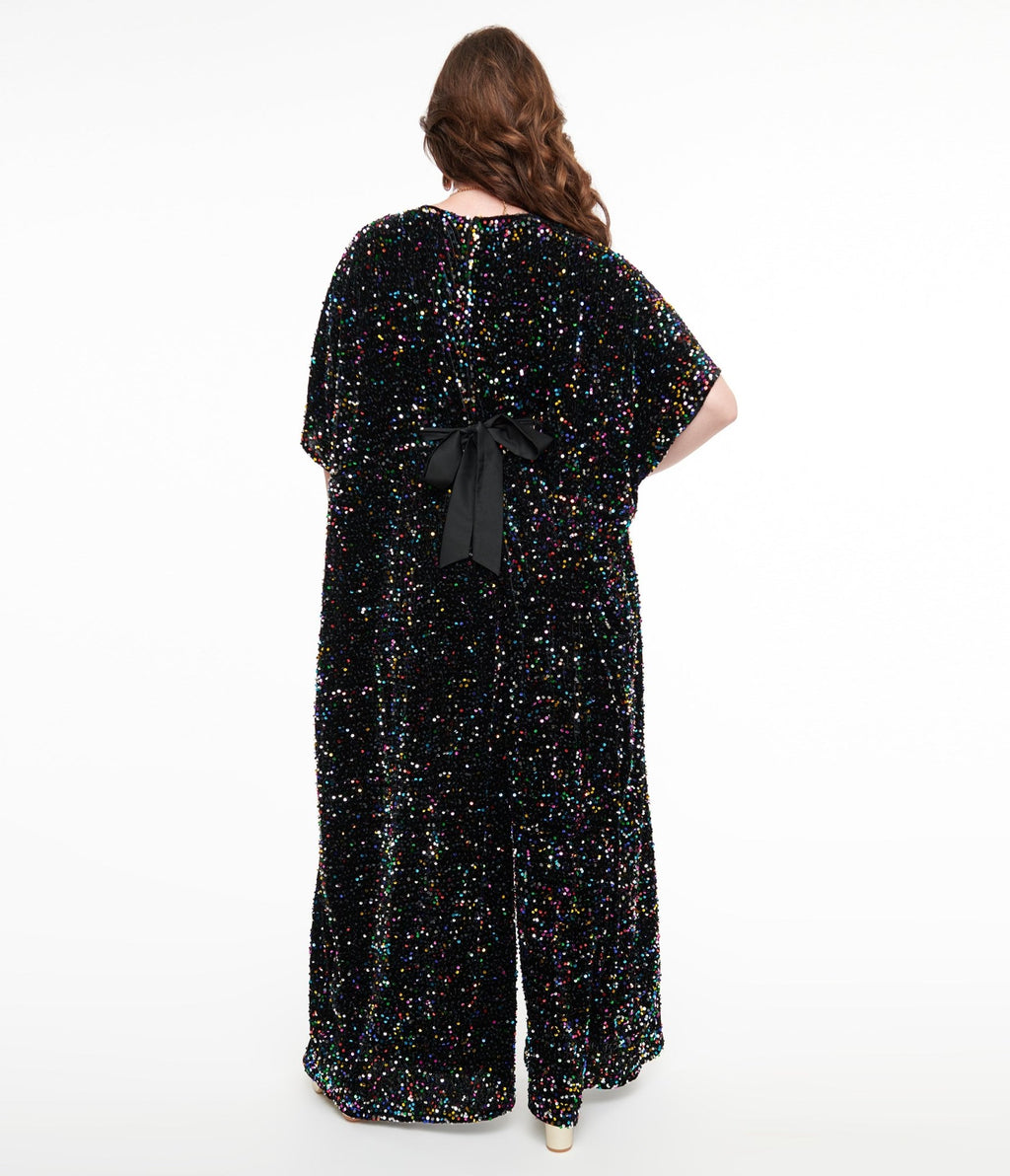 Unique Vintage 1970s Black Iridescent Sequin Caftan Jumpsuit - Unique Vintage - Womens, BOTTOMS, ROMPERS AND JUMPSUITS