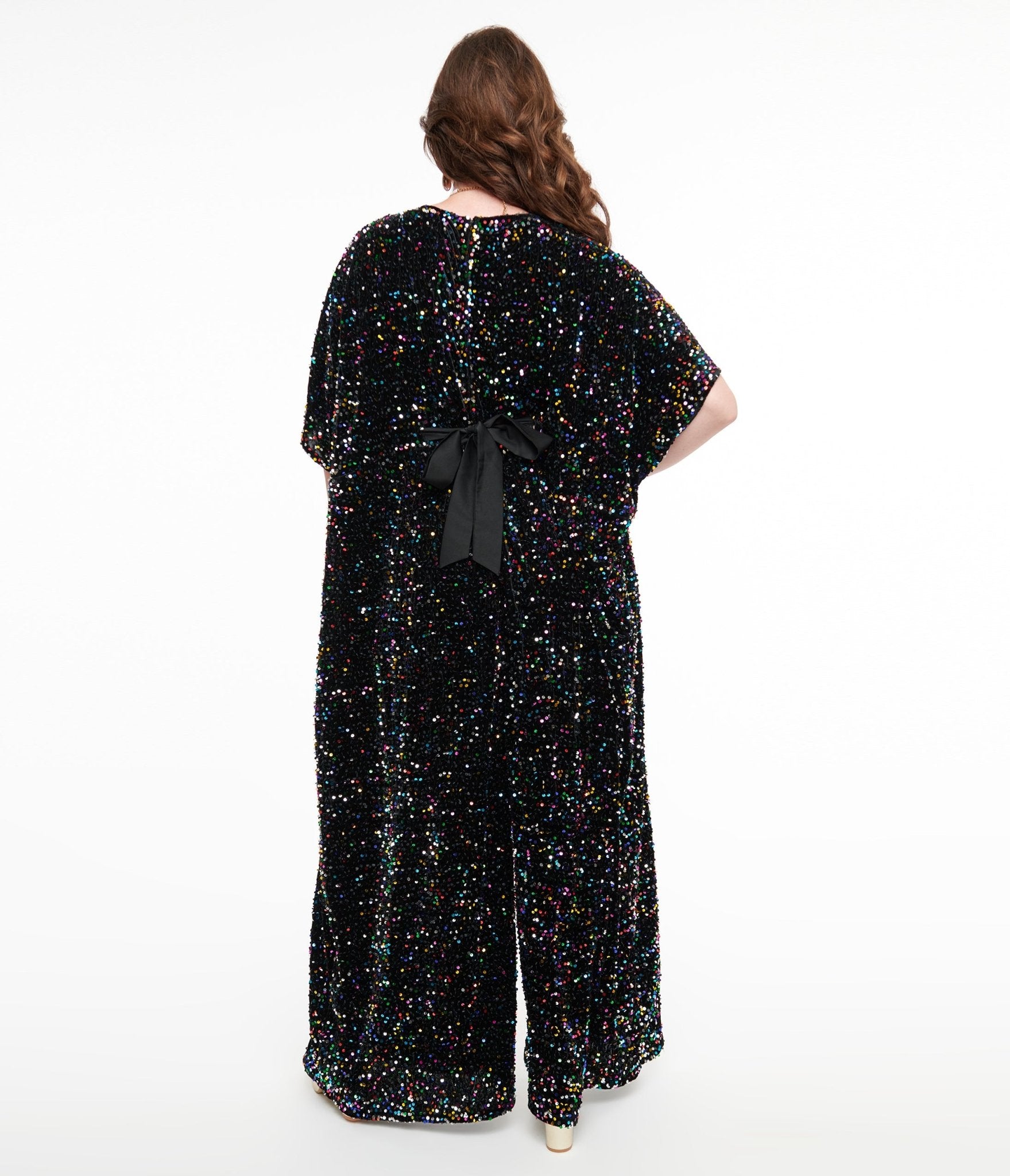 Unique Vintage 1970s Black Iridescent Sequin Caftan Jumpsuit - Unique Vintage - Womens, BOTTOMS, ROMPERS AND JUMPSUITS