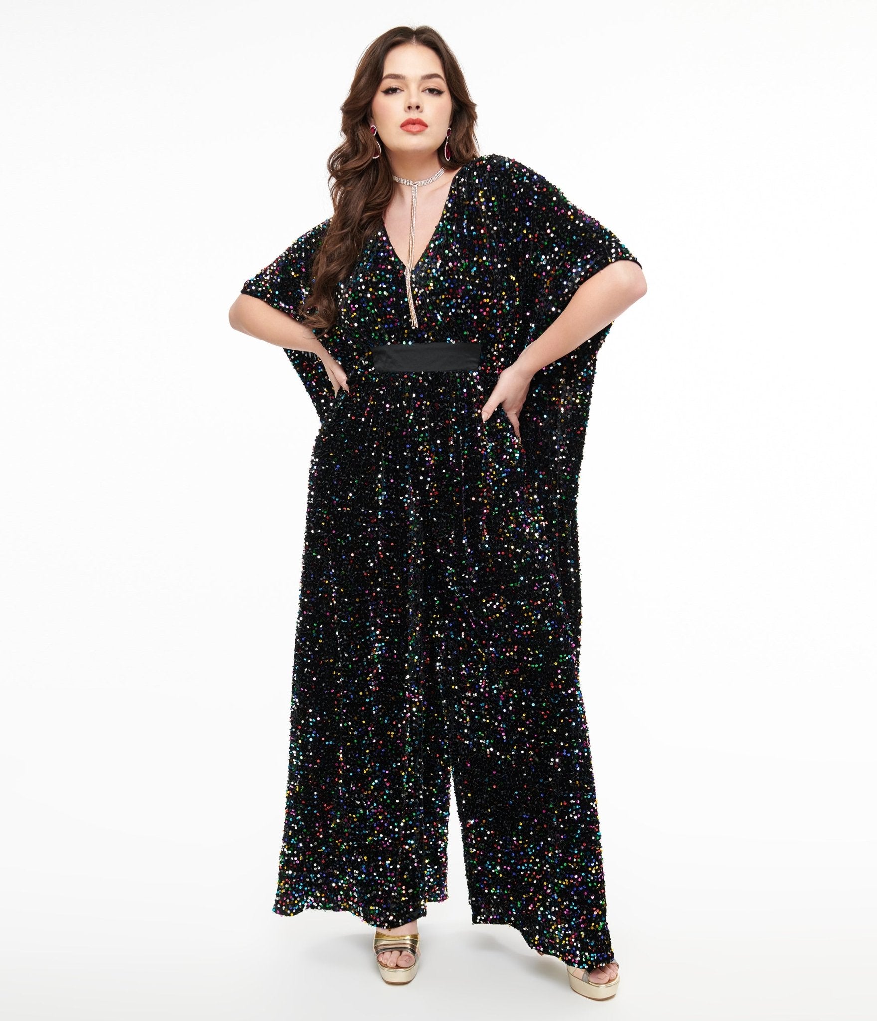 Unique Vintage 1970s Black Iridescent Sequin Caftan Jumpsuit - Unique Vintage - Womens, BOTTOMS, ROMPERS AND JUMPSUITS