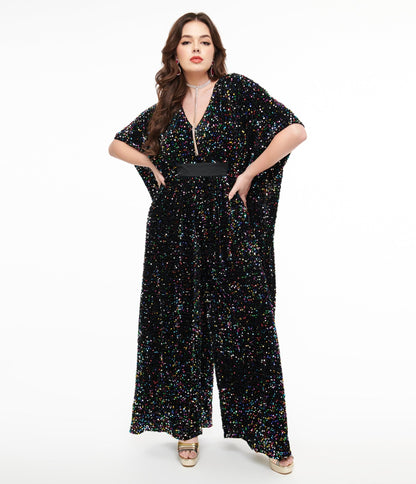 Unique Vintage 1970s Black Iridescent Sequin Caftan Jumpsuit - Unique Vintage - Womens, BOTTOMS, ROMPERS AND JUMPSUITS