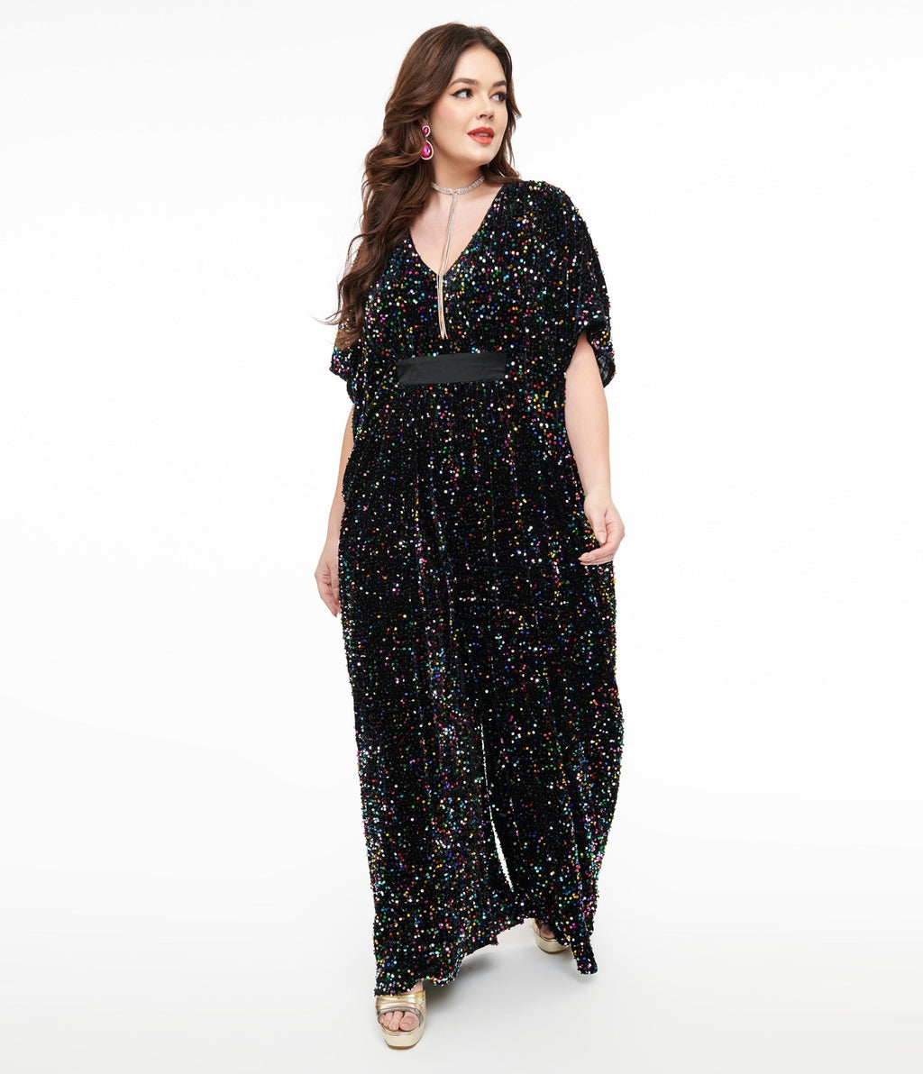 Unique Vintage 1970s Black Iridescent Sequin Caftan Jumpsuit - Unique Vintage - Womens, BOTTOMS, ROMPERS AND JUMPSUITS
