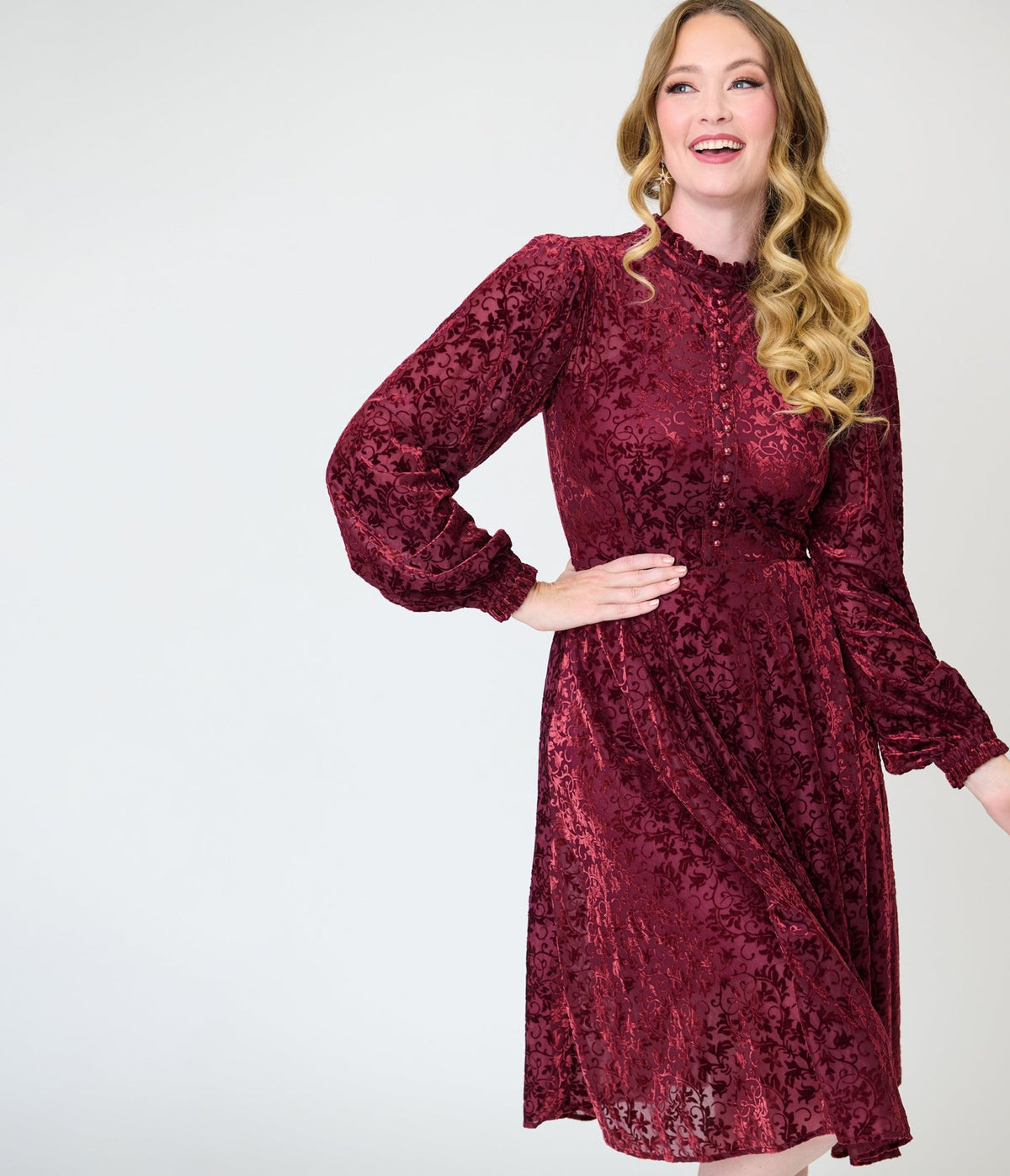 Unique Vintage 1970s Burgundy Flocked Leota Swing Dress - Unique Vintage - Swing Dress