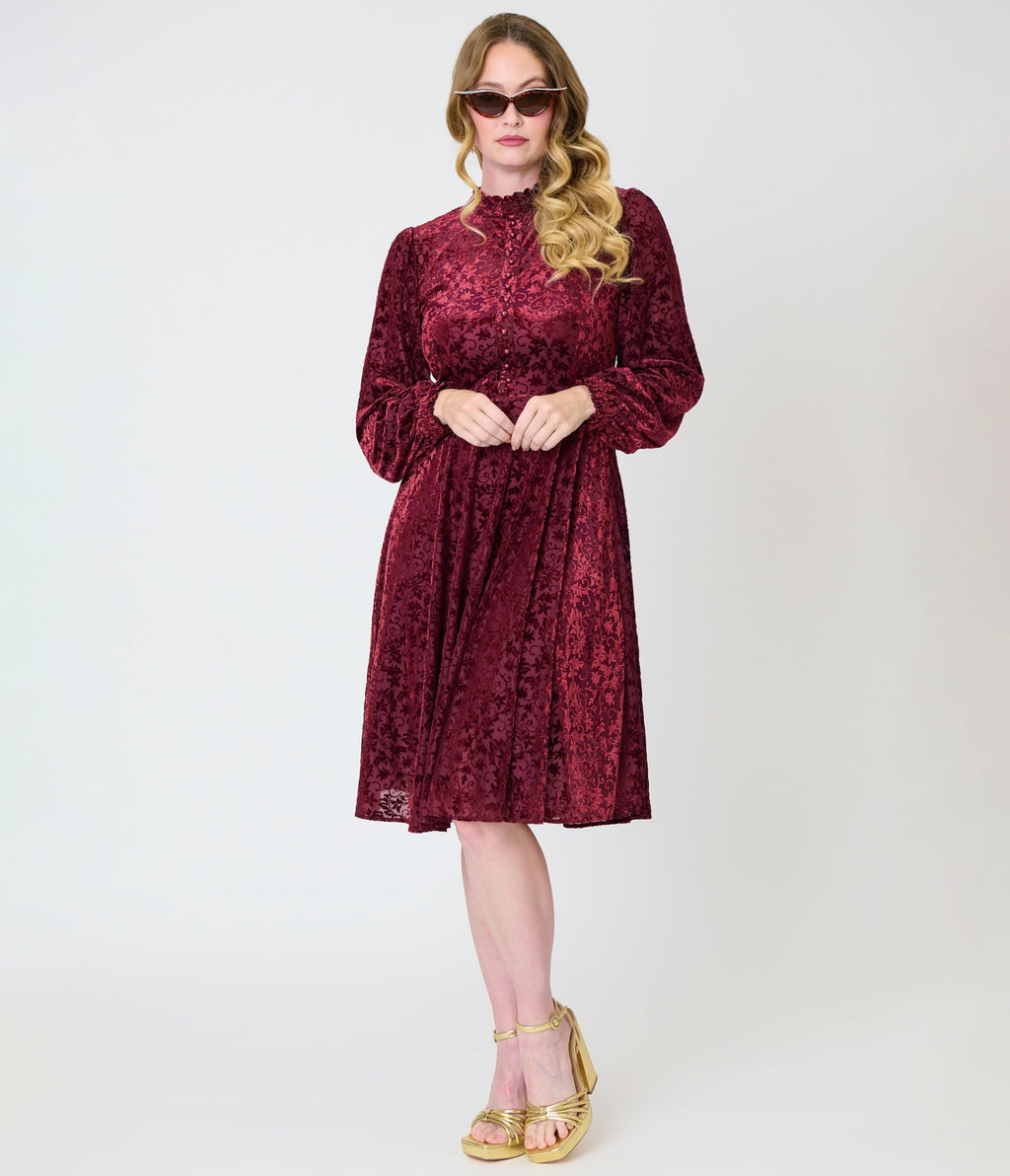 Unique Vintage 1970s Burgundy Flocked Leota Swing Dress - Unique Vintage - Swing Dress