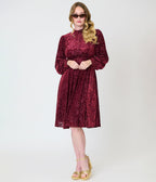 Unique Vintage 1970s Burgundy Flocked Leota Swing Dress - Unique Vintage - Swing Dress