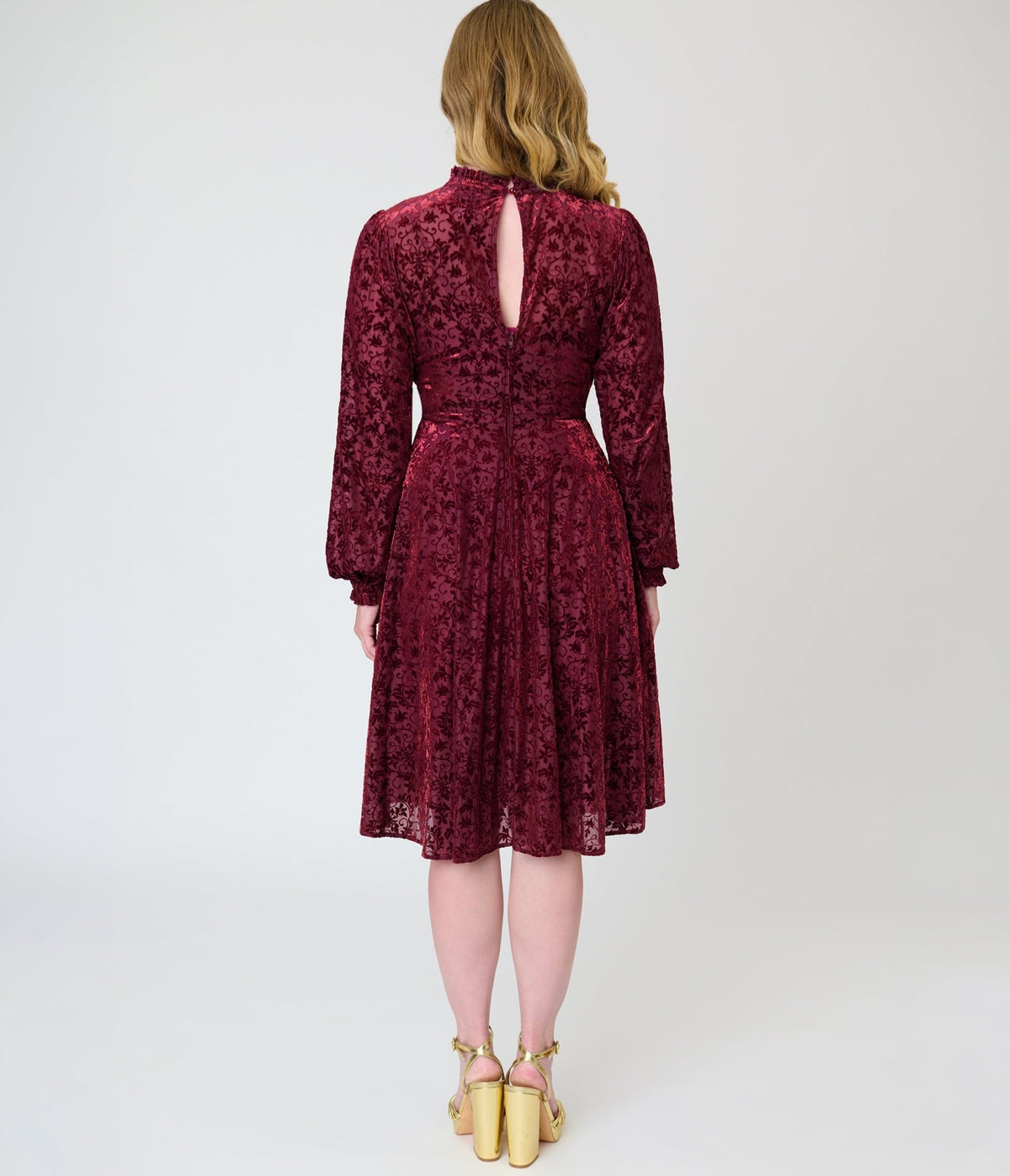 Unique Vintage 1970s Burgundy Flocked Leota Swing Dress - Unique Vintage - Swing Dress