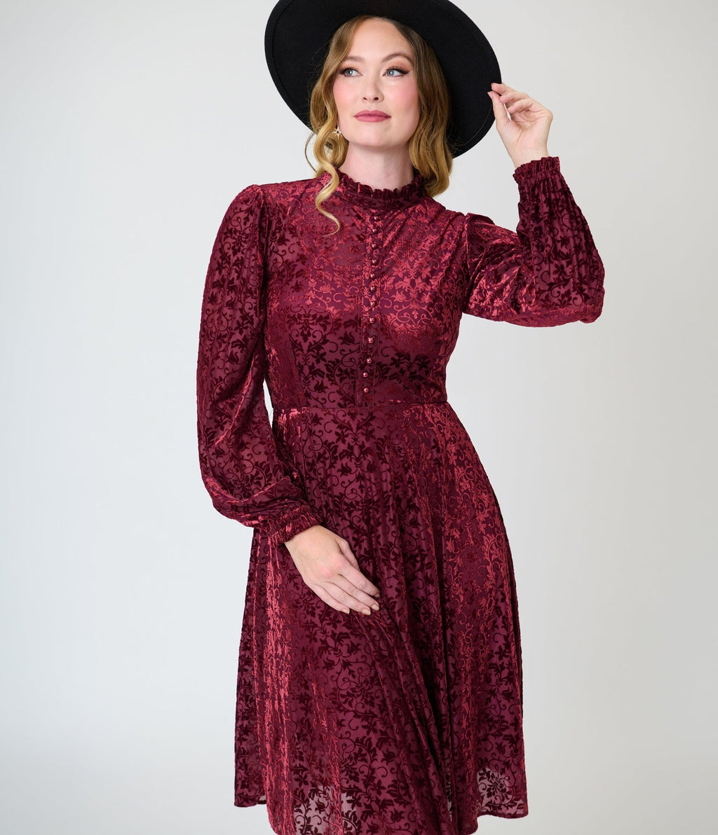 Unique Vintage 1970s Burgundy Flocked Leota Swing Dress - Unique Vintage - Swing Dress