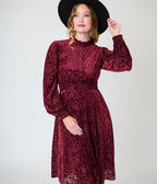 Unique Vintage 1970s Burgundy Flocked Leota Swing Dress - Unique Vintage - Swing Dress