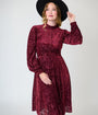 Unique Vintage 1970s Burgundy Flocked Leota Swing Dress