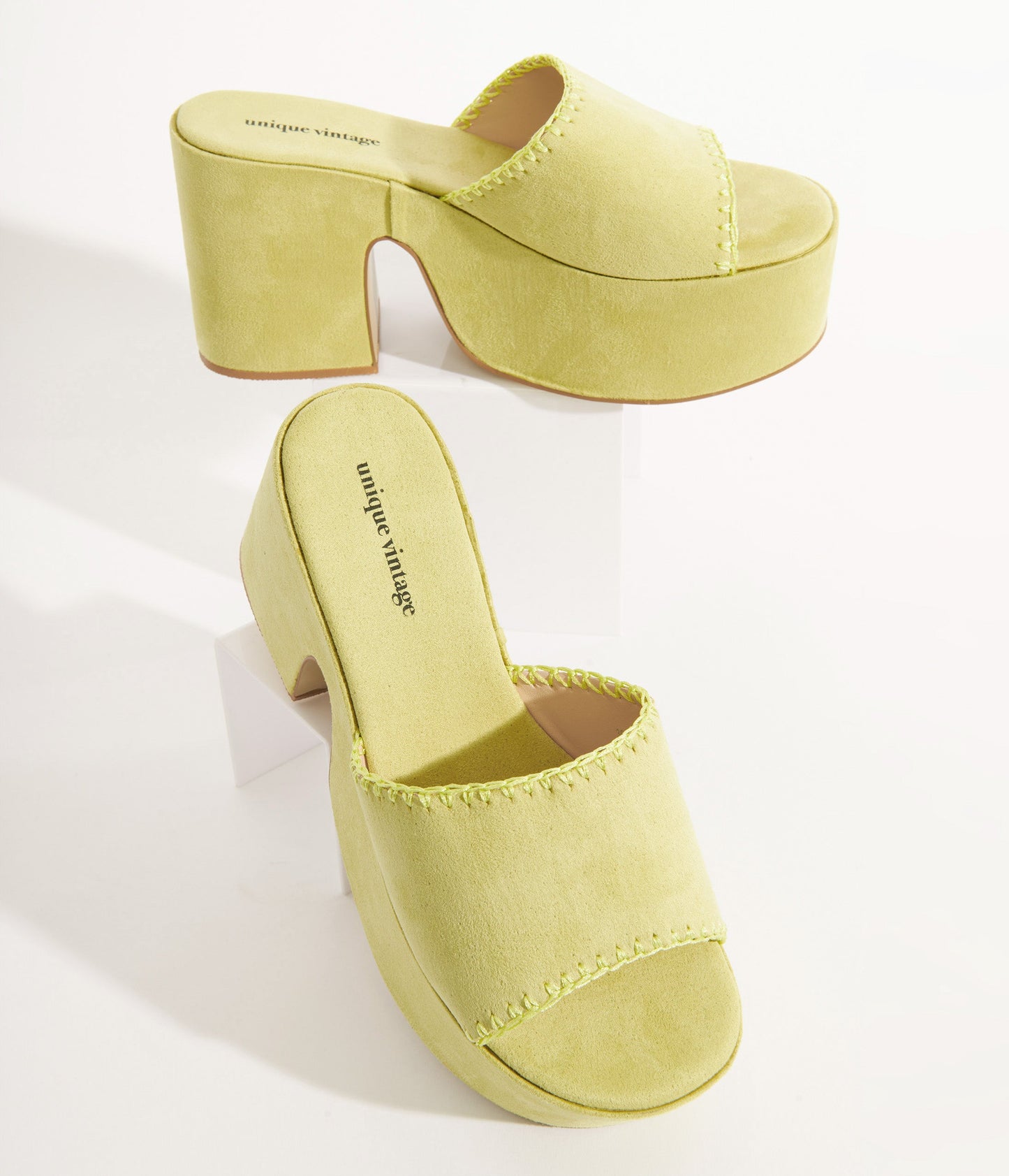 Unique Vintage 1970s Chartreuse Suede Platform Sandals - Unique Vintage - Womens, SHOES, SANDALS