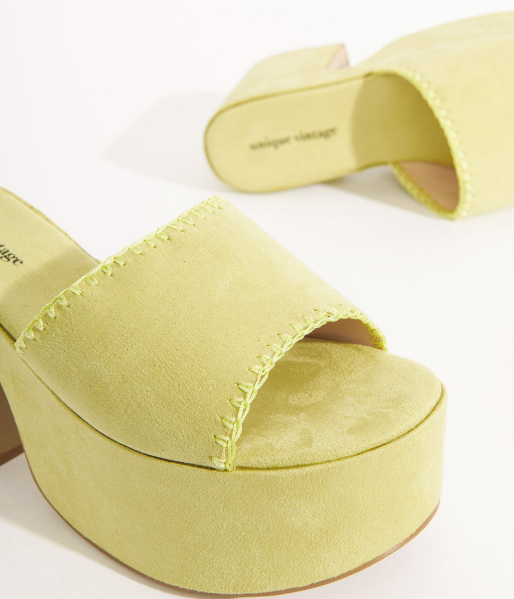 Unique Vintage 1970s Chartreuse Suede Platform Sandals - Unique Vintage - Womens, SHOES, SANDALS