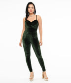 Unique Vintage 1970s Dark Green Velvet Jumpsuit - Unique Vintage - Womens, BOTTOMS, ROMPERS AND JUMPSUITS