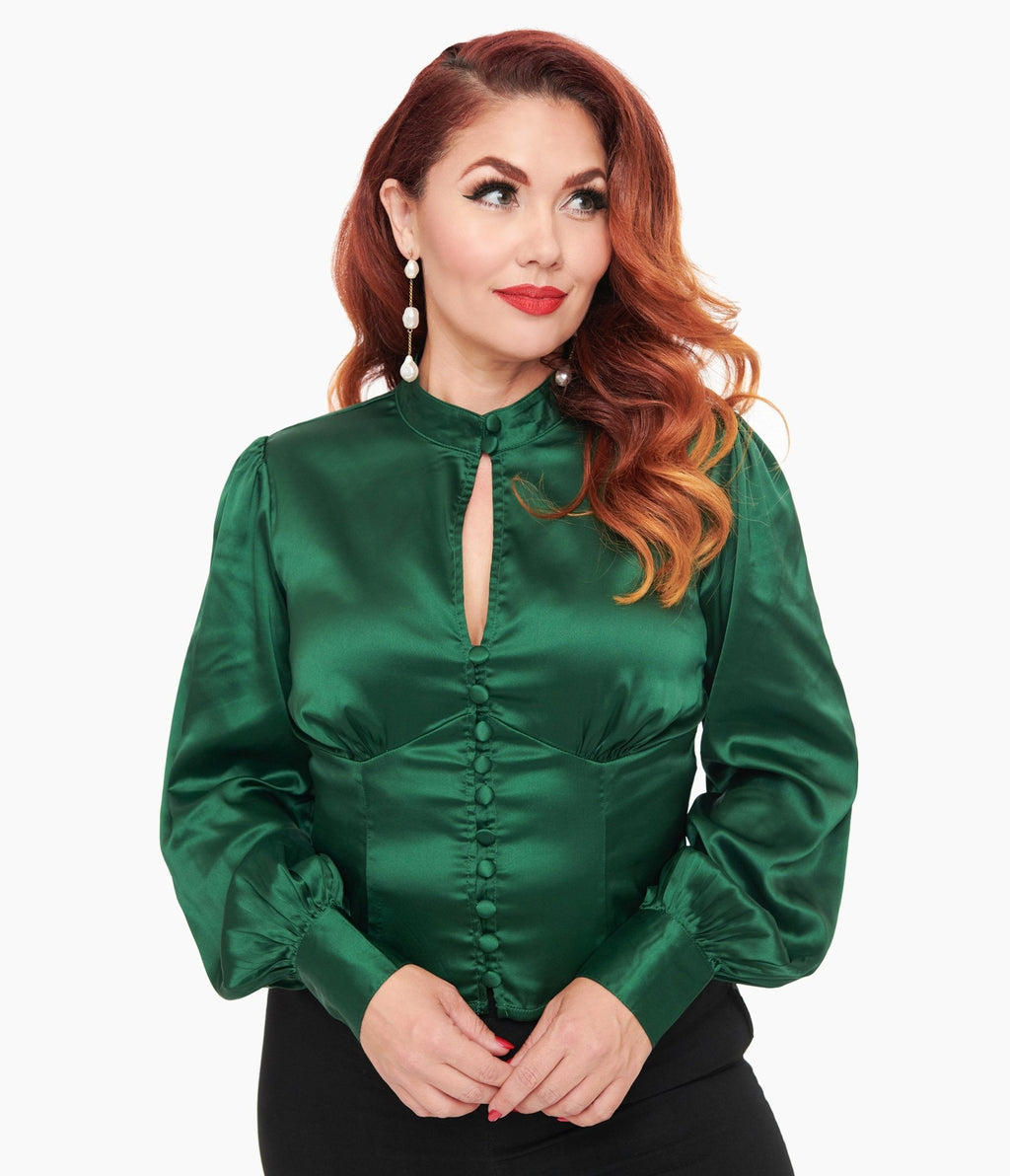 Unique Vintage 1970s Emerald Satin Keyhole Button Waist Blouse - Unique Vintage - Womens, TOPS, WOVEN TOPS