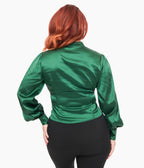 Unique Vintage 1970s Emerald Satin Keyhole Button Waist Blouse - Unique Vintage - Womens, TOPS, WOVEN TOPS