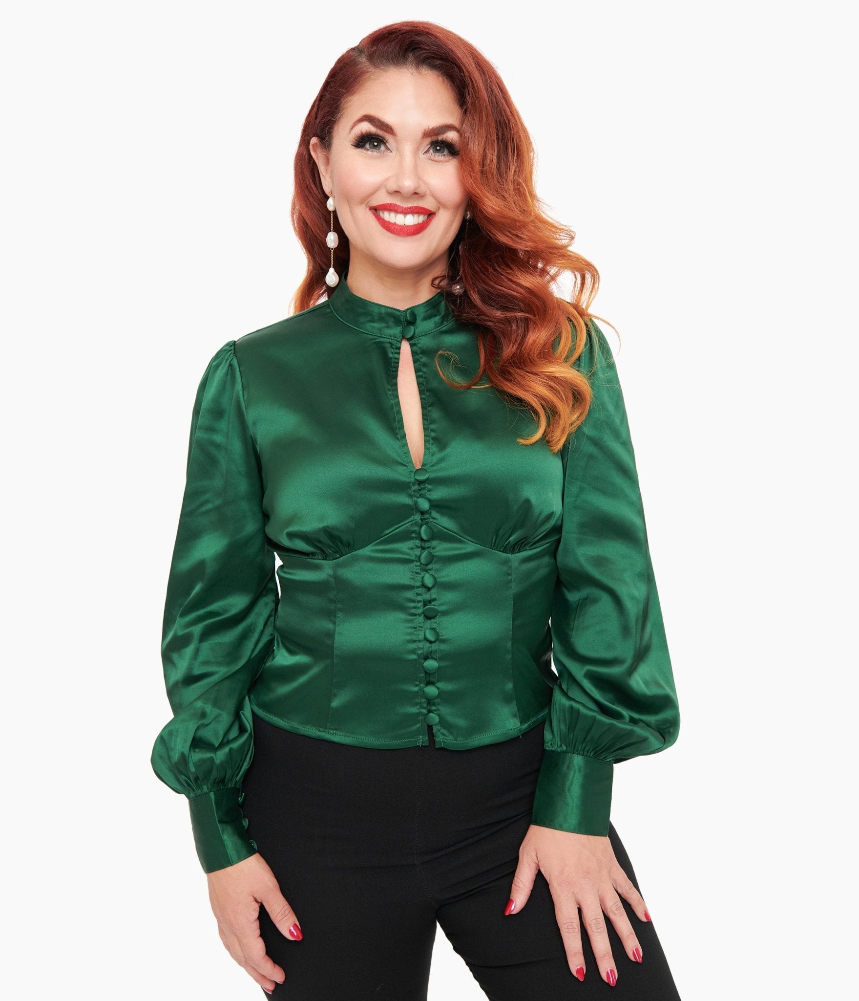 Unique Vintage 1970s Emerald Satin Keyhole Button Waist Blouse - Unique Vintage - Womens, TOPS, WOVEN TOPS