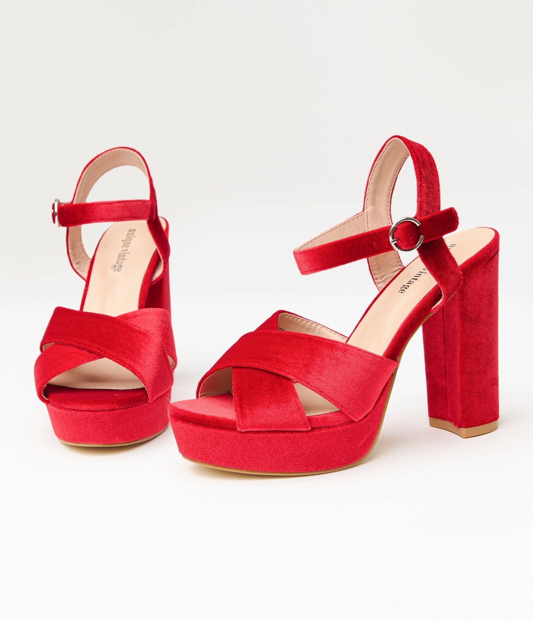 Unique Vintage 1970s Red Velvet Platforms - Unique Vintage - Womens, SHOES, HEELS