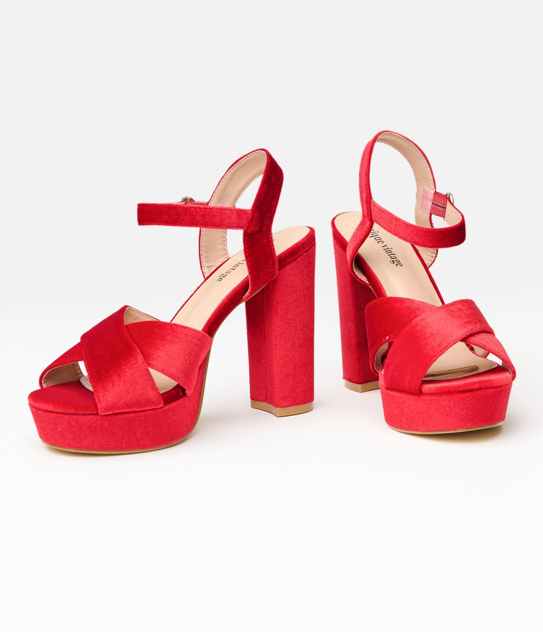 Unique Vintage 1970s Red Velvet Platforms - Unique Vintage - Womens, SHOES, HEELS