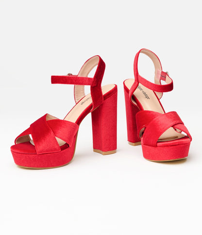 Unique Vintage 1970s Red Velvet Platforms - Unique Vintage - Womens, SHOES, HEELS