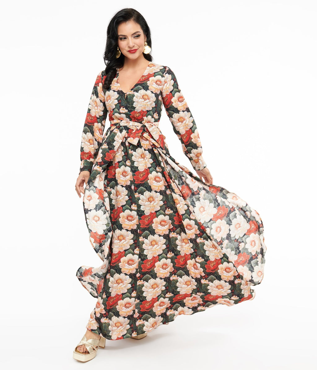 Unique Vintage 1970s White & Red Floral Farrah Maxi Dress - Unique Vintage - Womens, DRESSES, MAXI