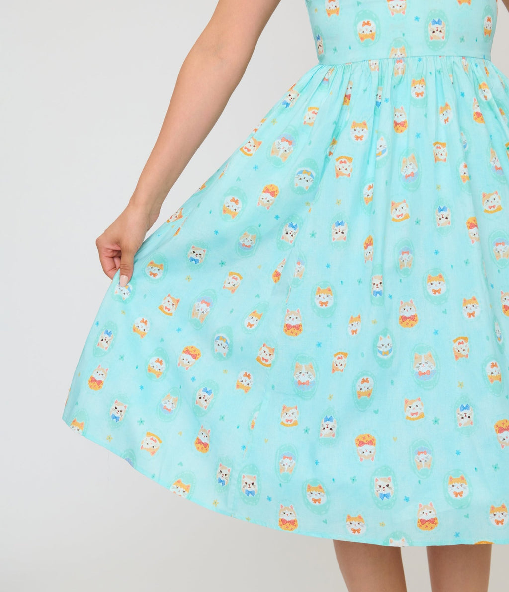 Unique Vintage Baby Blue Cat Print Swing Dress - Unique Vintage - Womens, DRESSES, SWING