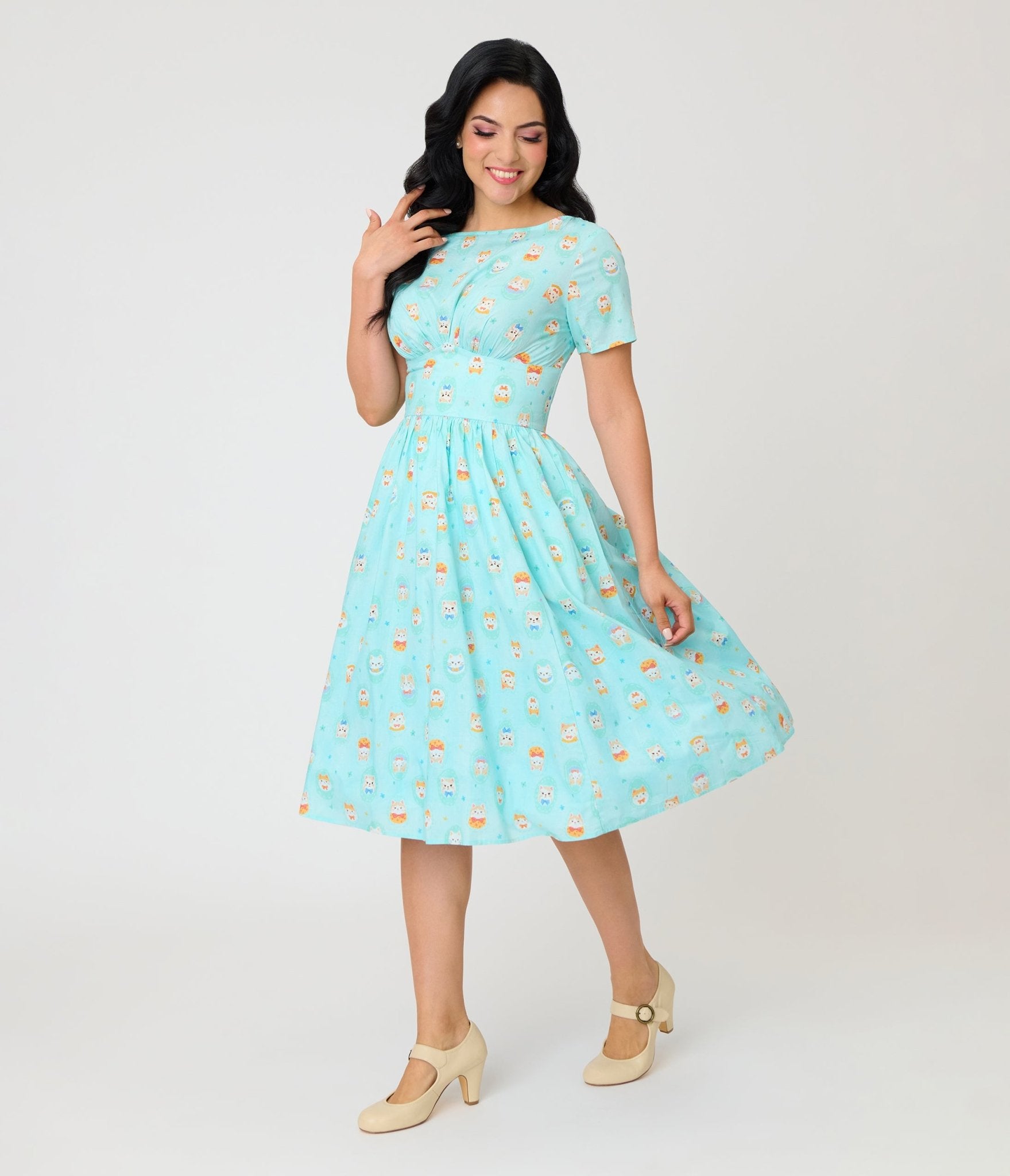 Unique Vintage Baby Blue Cat Print Swing Dress