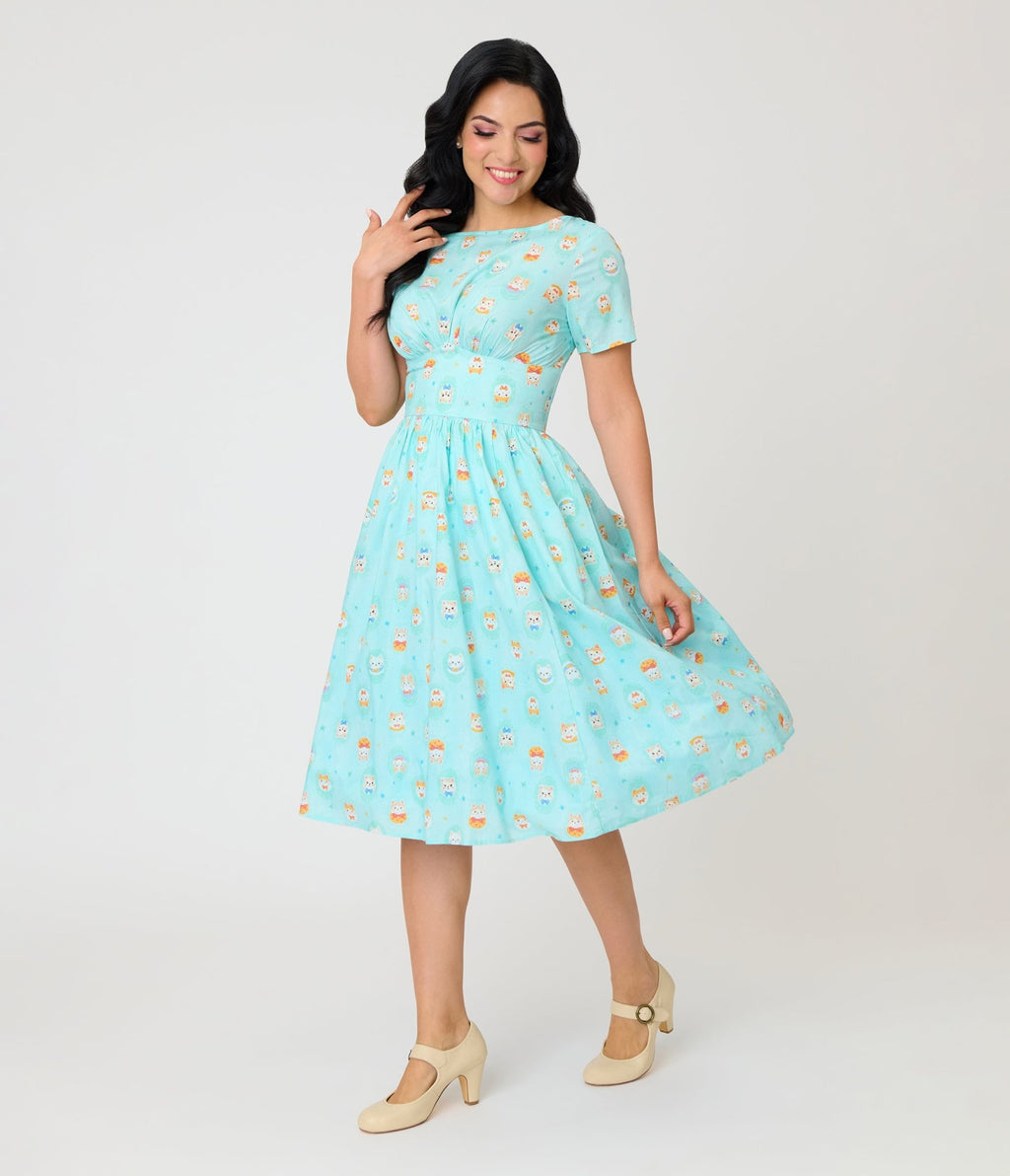 Unique Vintage Baby Blue Cat Print Swing Dress - Unique Vintage - Womens, DRESSES, SWING