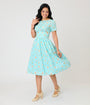 Unique Vintage Baby Blue Cat Print Swing Dress