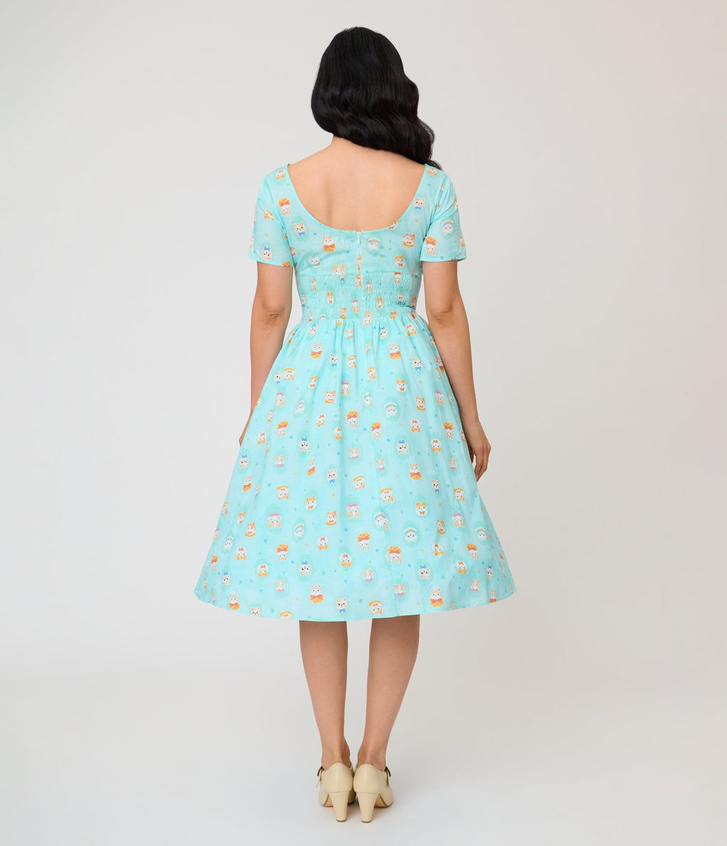 Unique Vintage Baby Blue Cat Print Swing Dress - Unique Vintage - Womens, DRESSES, SWING