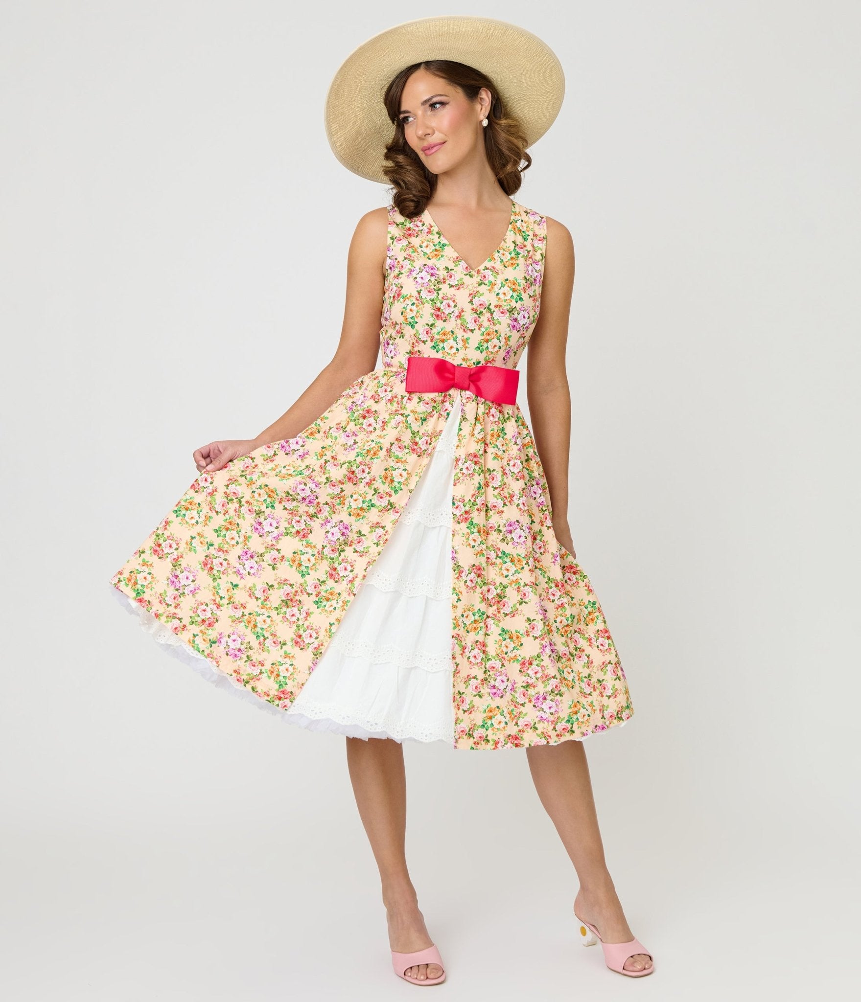 garden party dress HARRIET Blue L Double V Unique Vintage Beige Floral Print