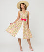Unique Vintage Beige Floral Print Garden Party Swing Dress