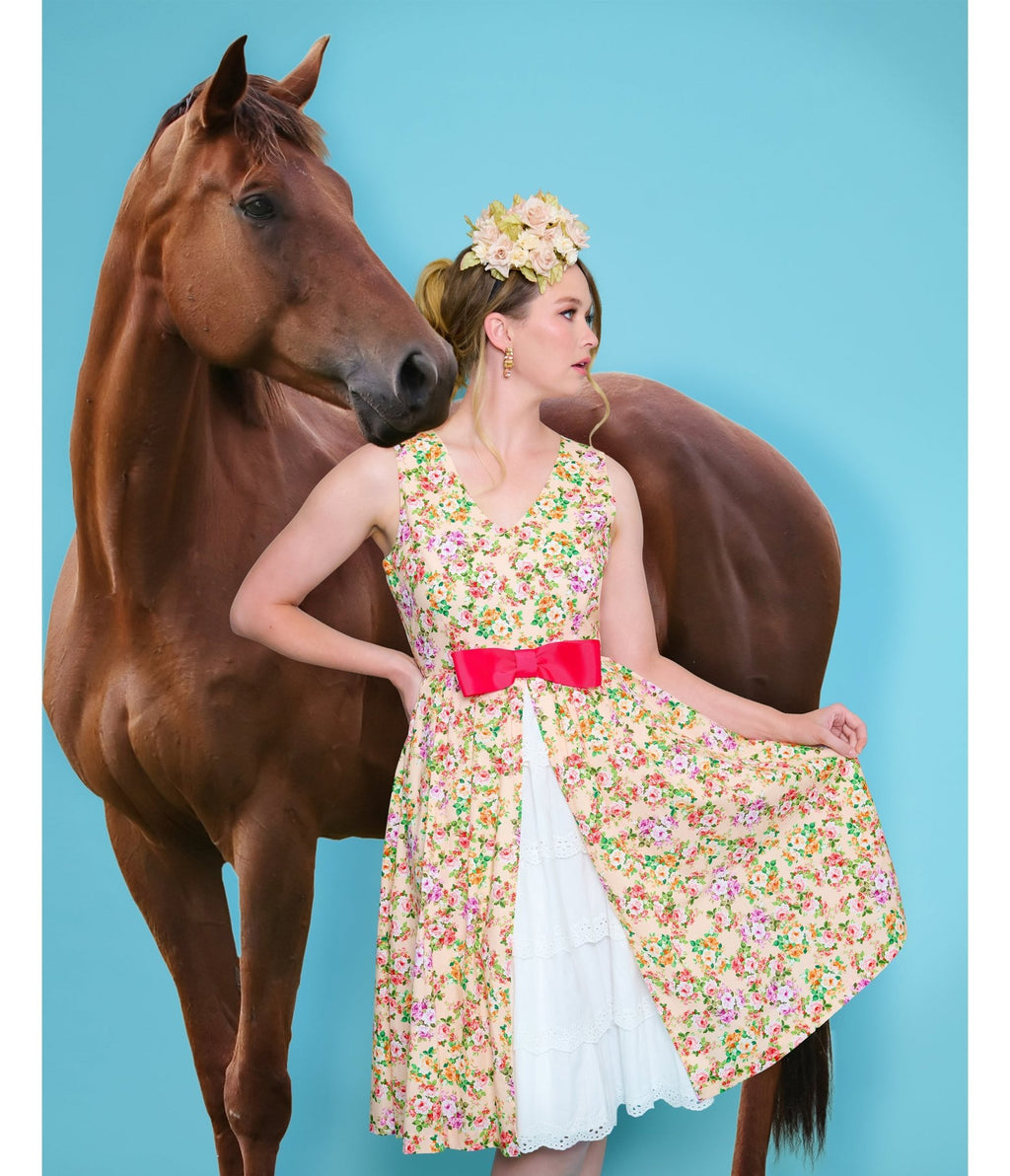 Unique Vintage Beige Floral Print Garden Party Swing Dress - Unique Vintage - Womens, DRESSES, SWING