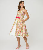Unique Vintage Beige Floral Print Garden Party Swing Dress - Unique Vintage - Womens, DRESSES, SWING