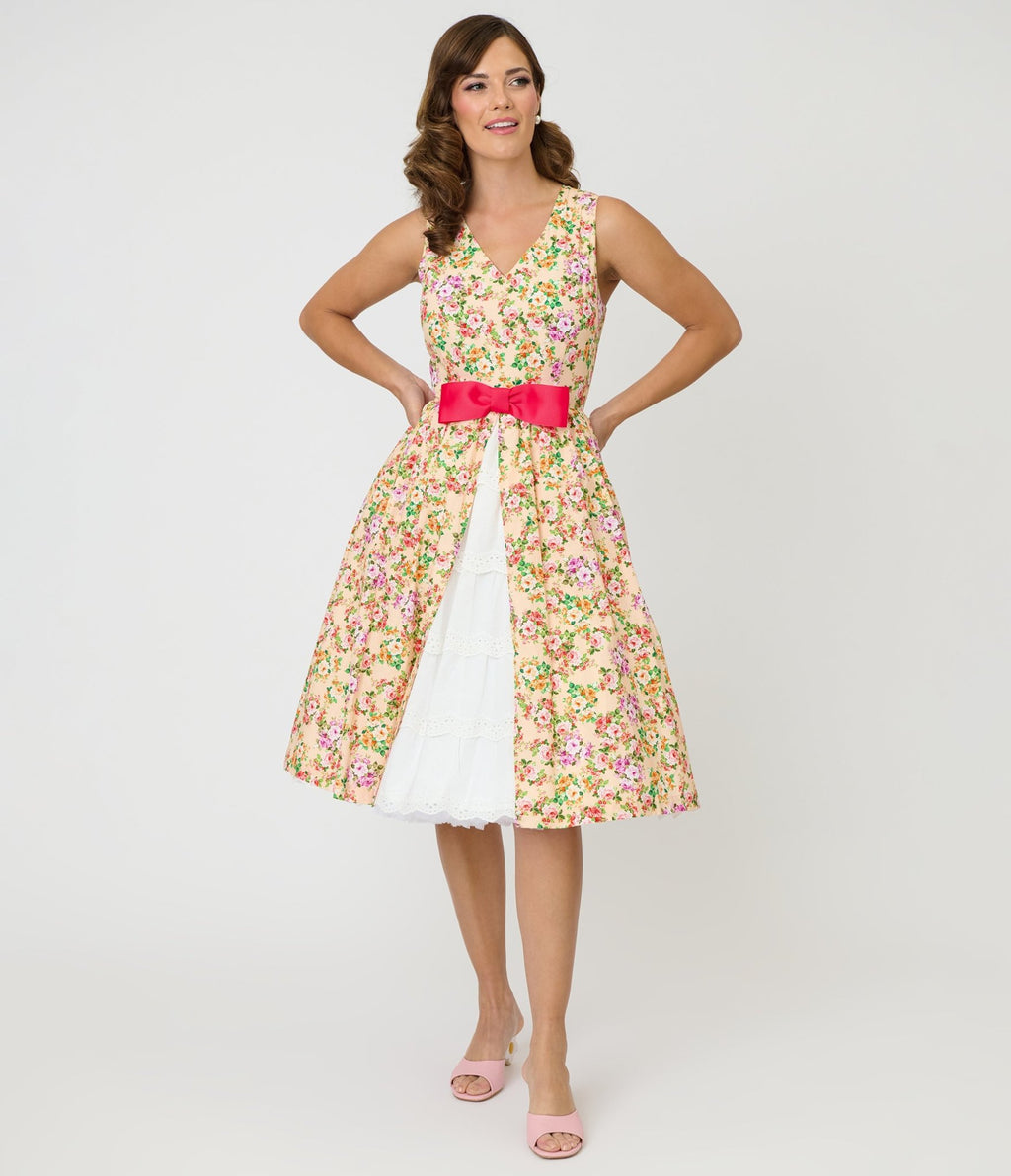 Unique Vintage Beige Floral Print Garden Party Swing Dress - Unique Vintage - Womens, DRESSES, SWING