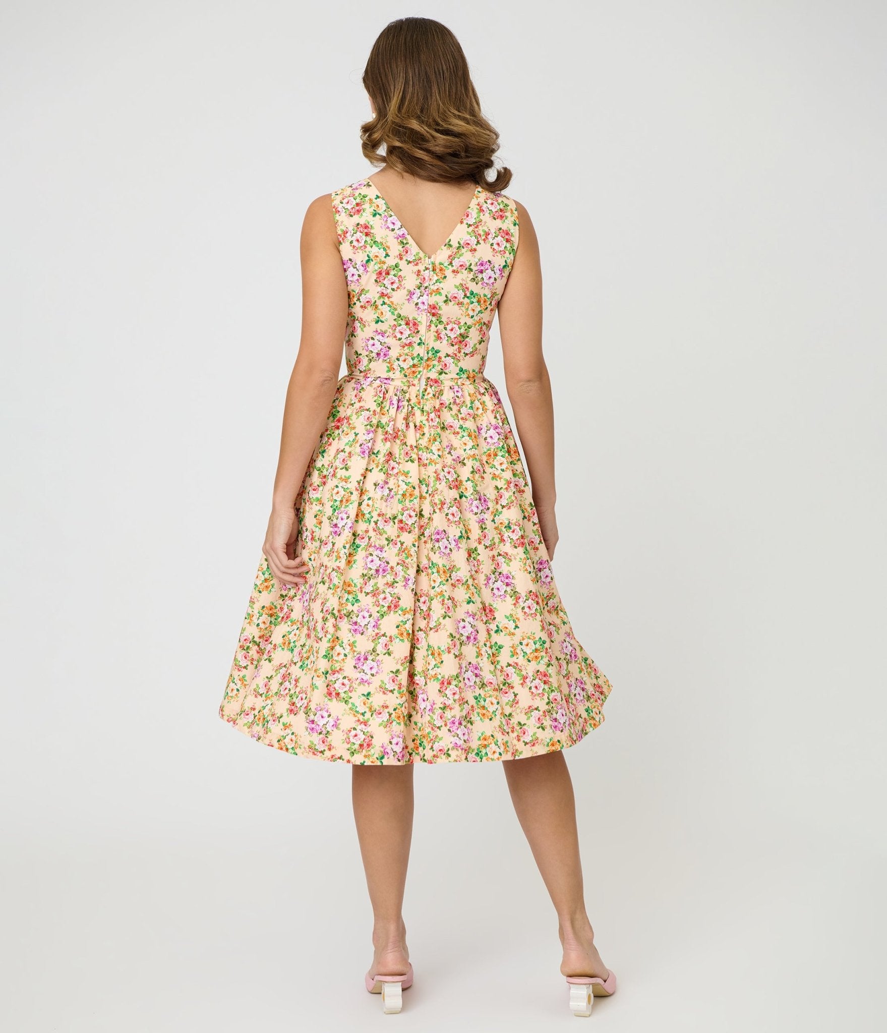 Unique Vintage Beige Floral Print Garden Party Swing Dress Unique Vintage Beige Floral Print Garden Party Swing Dress